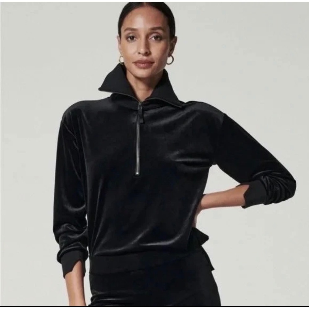Spanx AirEssentials Velvet Quarter-Zip Pullover Black XS Long Sleeve Sweatshirt